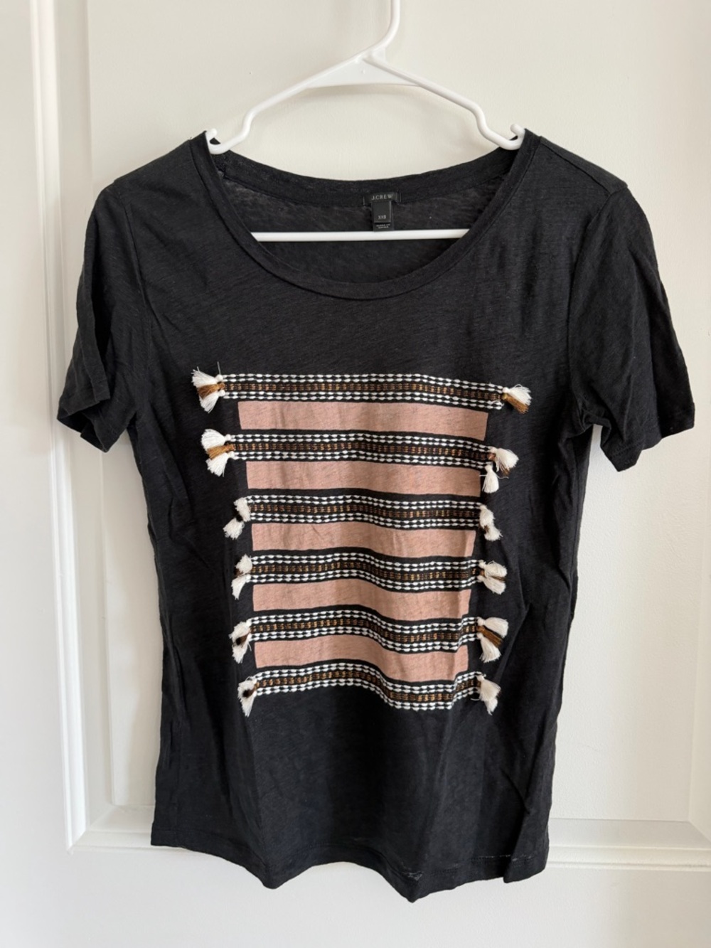 J. Crew Black Short-Sleeve Tassel Stripe Linen Tee